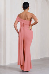 Blush Pink Bardot Split Maternity Maxi Dress With Drape Detail